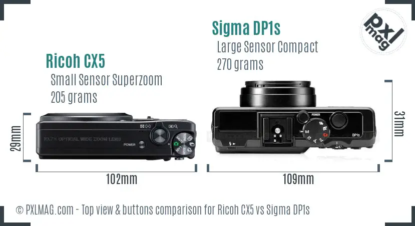 Ricoh CX5 vs Sigma DP1s top view buttons comparison