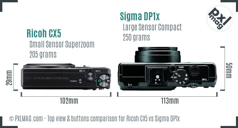 Ricoh CX5 vs Sigma DP1x top view buttons comparison