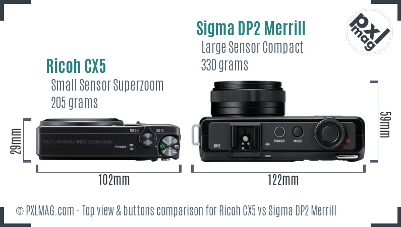 Ricoh CX5 vs Sigma DP2 Merrill top view buttons comparison