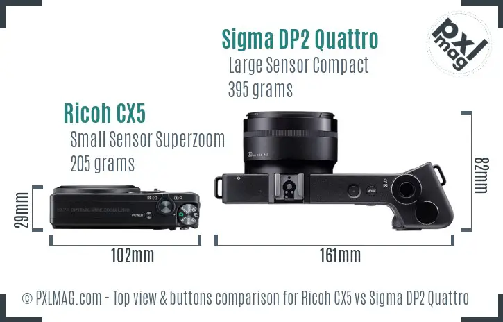 Ricoh CX5 vs Sigma DP2 Quattro top view buttons comparison