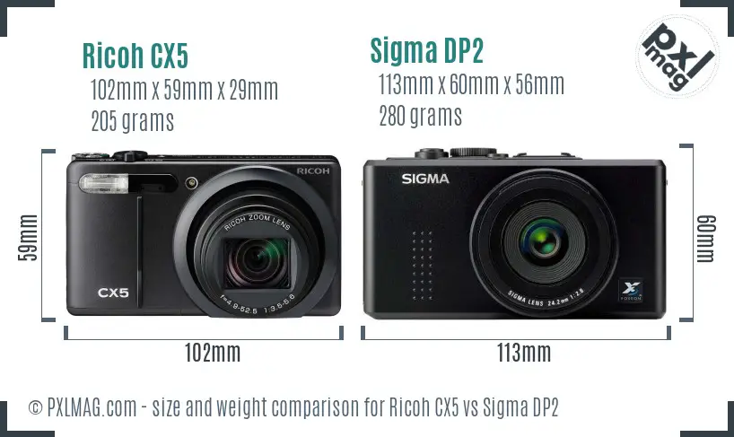 Ricoh CX5 vs Sigma DP2 size comparison