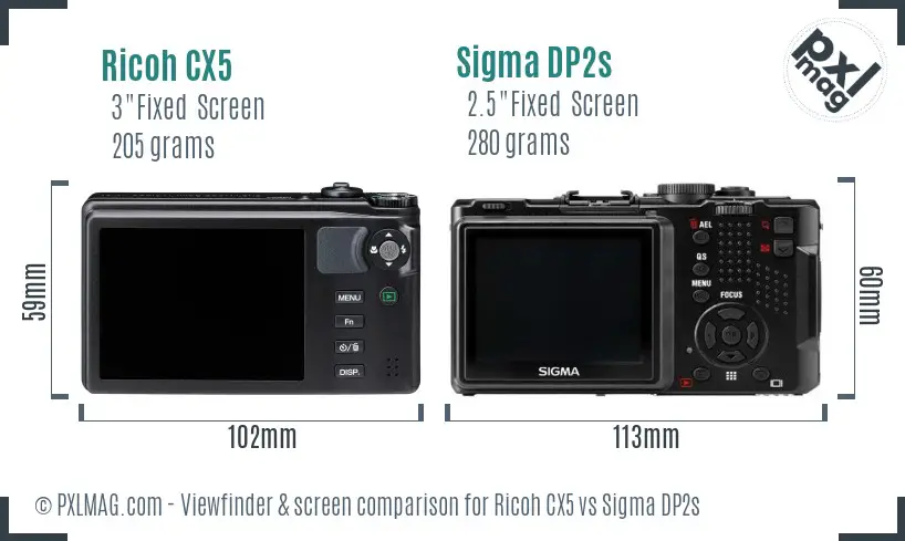 Ricoh CX5 vs Sigma DP2s Screen and Viewfinder comparison