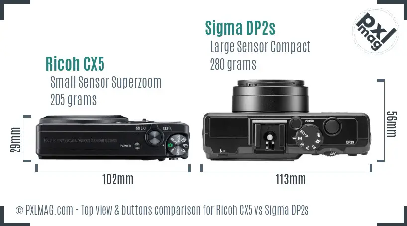 Ricoh CX5 vs Sigma DP2s top view buttons comparison