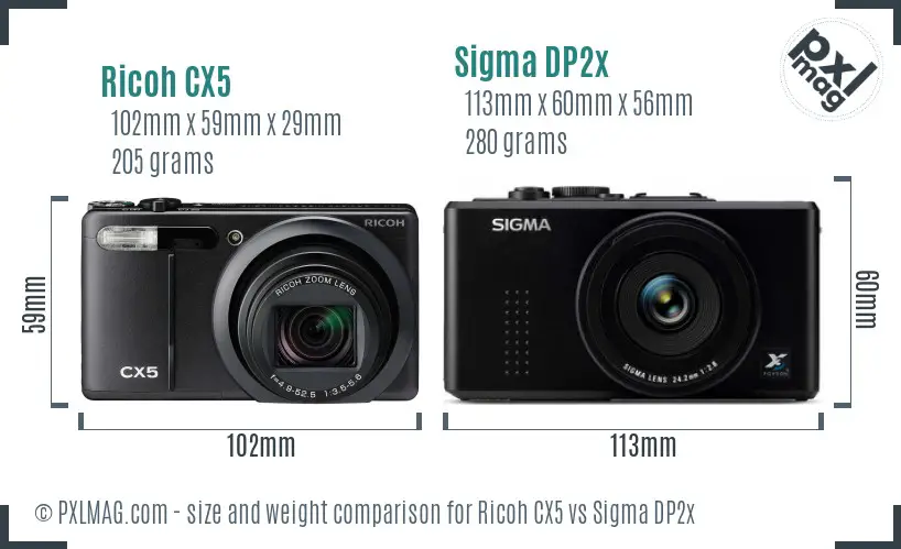 Ricoh CX5 vs Sigma DP2x size comparison