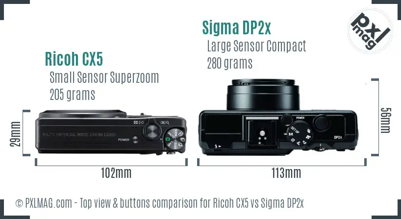 Ricoh CX5 vs Sigma DP2x top view buttons comparison
