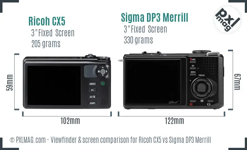 Ricoh CX5 vs Sigma DP3 Merrill Screen and Viewfinder comparison