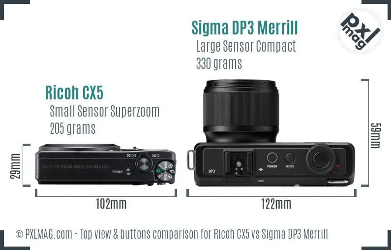 Ricoh CX5 vs Sigma DP3 Merrill top view buttons comparison