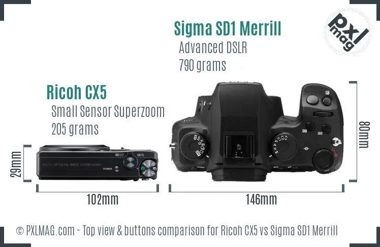 Ricoh CX5 vs Sigma SD1 Merrill top view buttons comparison