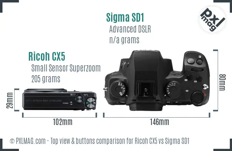 Ricoh CX5 vs Sigma SD1 top view buttons comparison