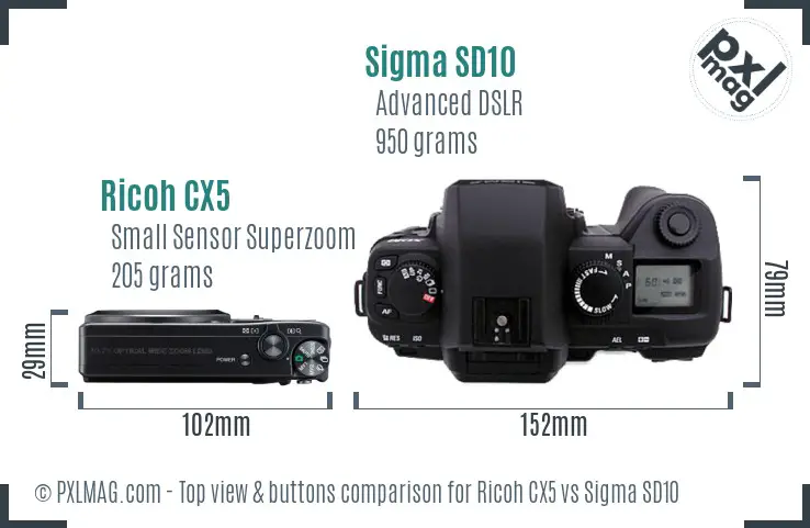 Ricoh CX5 vs Sigma SD10 top view buttons comparison