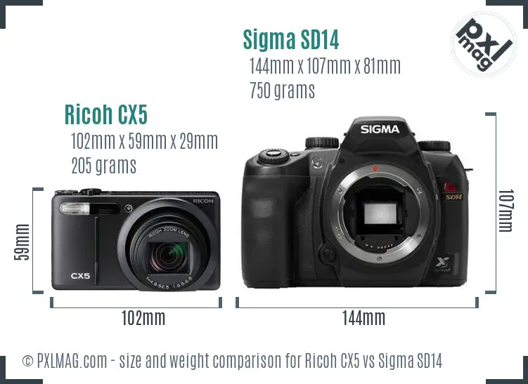 Ricoh CX5 vs Sigma SD14 size comparison
