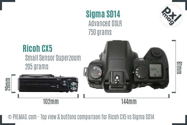 Ricoh CX5 vs Sigma SD14 top view buttons comparison