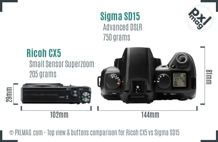 Ricoh CX5 vs Sigma SD15 top view buttons comparison
