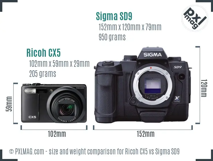 Ricoh CX5 vs Sigma SD9 size comparison