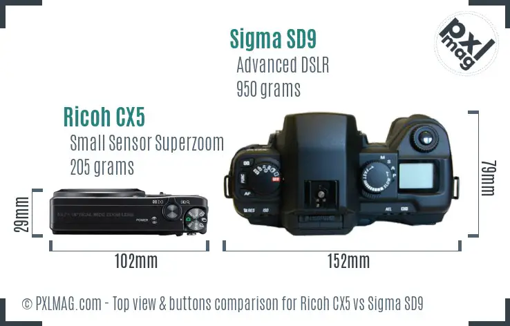 Ricoh CX5 vs Sigma SD9 top view buttons comparison