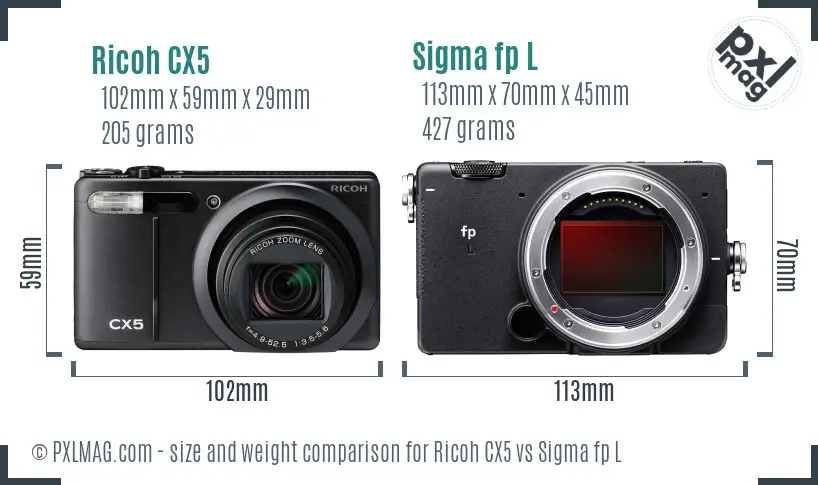 Ricoh CX5 vs Sigma fp L size comparison