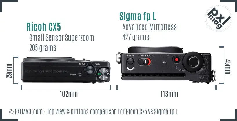 Ricoh CX5 vs Sigma fp L top view buttons comparison