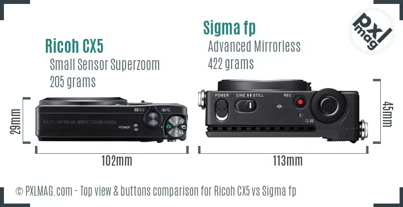 Ricoh CX5 vs Sigma fp top view buttons comparison