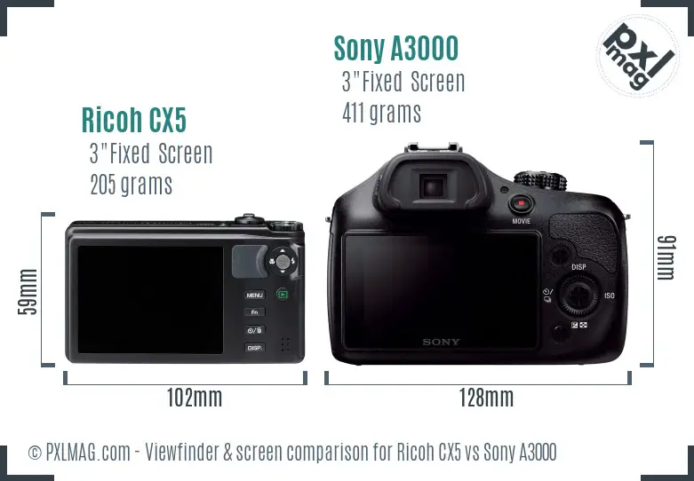 Ricoh CX5 vs Sony A3000 Screen and Viewfinder comparison