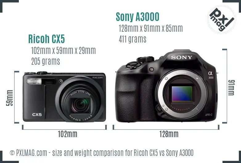 Ricoh CX5 vs Sony A3000 size comparison