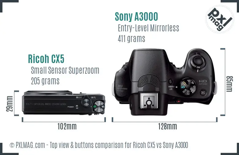 Ricoh CX5 vs Sony A3000 top view buttons comparison