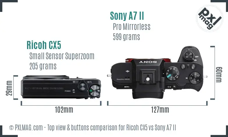 Ricoh CX5 vs Sony A7 II top view buttons comparison