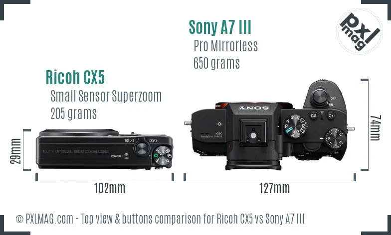 Ricoh CX5 vs Sony A7 III top view buttons comparison
