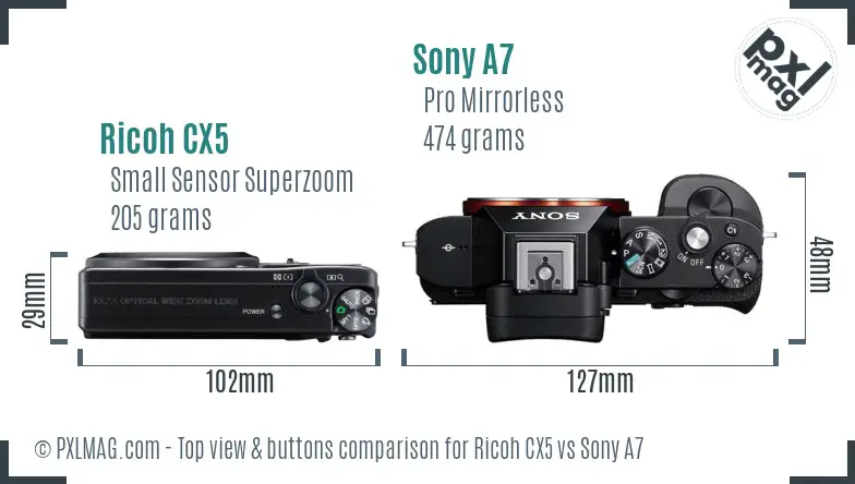 Ricoh CX5 vs Sony A7 top view buttons comparison