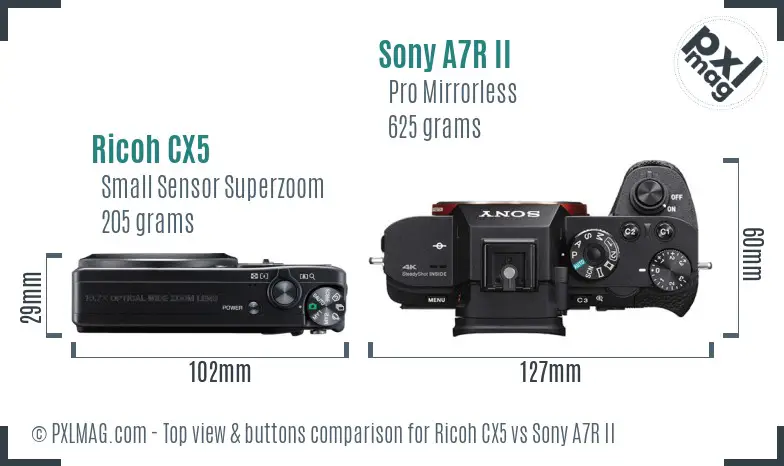 Ricoh CX5 vs Sony A7R II top view buttons comparison