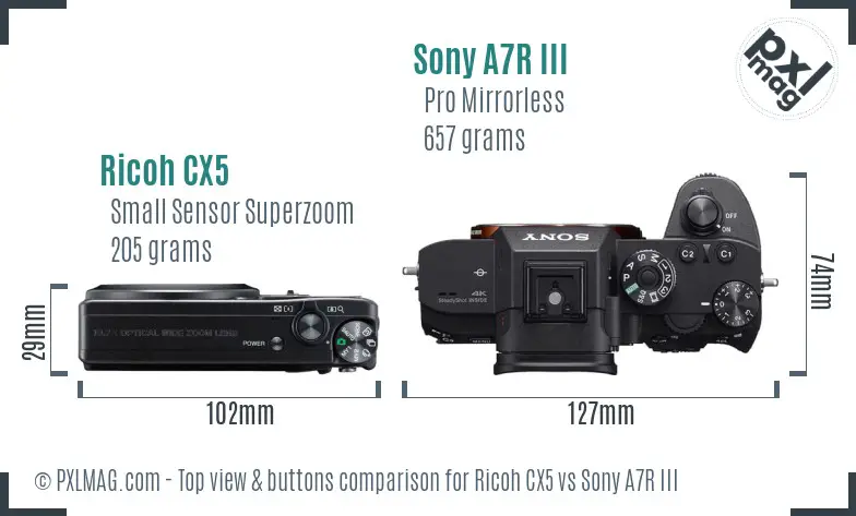 Ricoh CX5 vs Sony A7R III top view buttons comparison Ricoh CX5 vs Sony A7R III top view buttons comparison