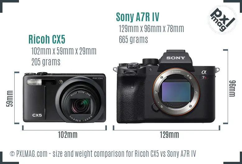 Ricoh CX5 vs Sony A7R IV size comparison