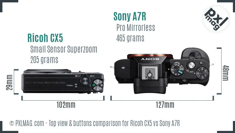 Ricoh CX5 vs Sony A7R top view buttons comparison