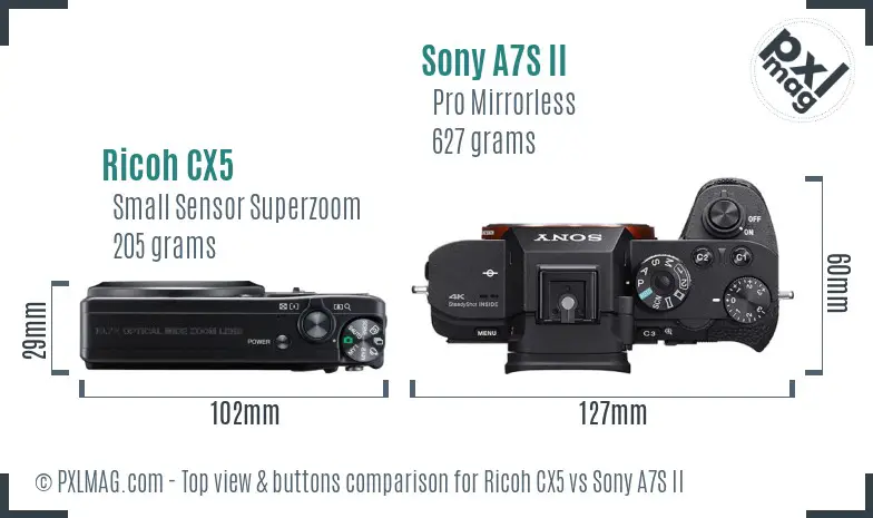 Ricoh CX5 vs Sony A7S II top view buttons comparison