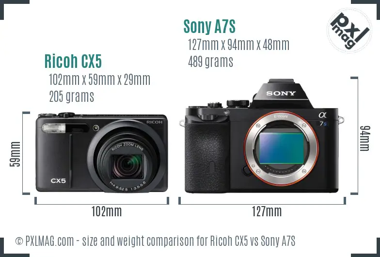 Ricoh CX5 vs Sony A7S size comparison