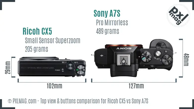 Ricoh CX5 vs Sony A7S top view buttons comparison