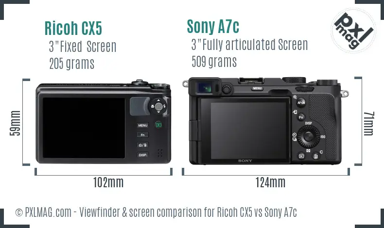 Ricoh CX5 vs Sony A7c Screen and Viewfinder comparison