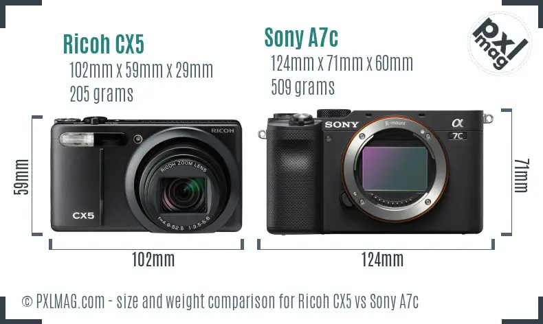 Ricoh CX5 vs Sony A7c size comparison