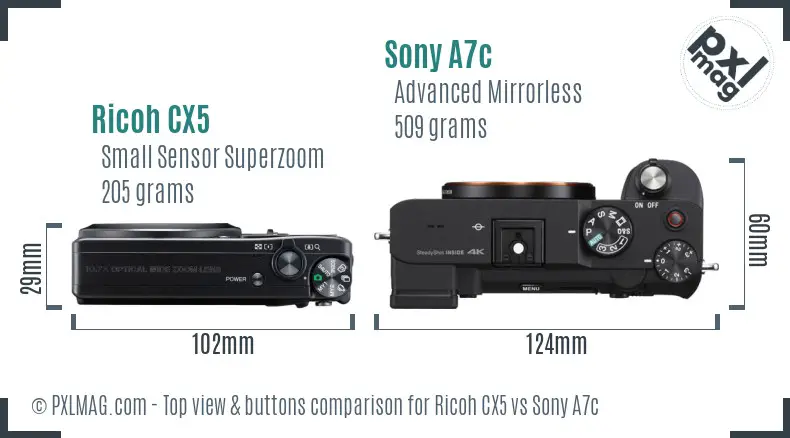Ricoh CX5 vs Sony A7c top view buttons comparison