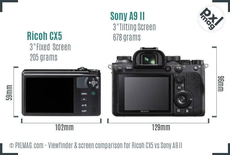 Ricoh CX5 vs Sony A9 II Screen and Viewfinder comparison
