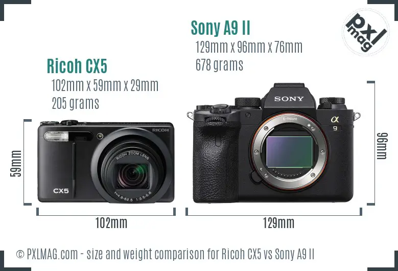 Ricoh CX5 vs Sony A9 II size comparison
