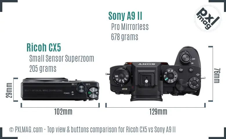 Ricoh CX5 vs Sony A9 II top view buttons comparison