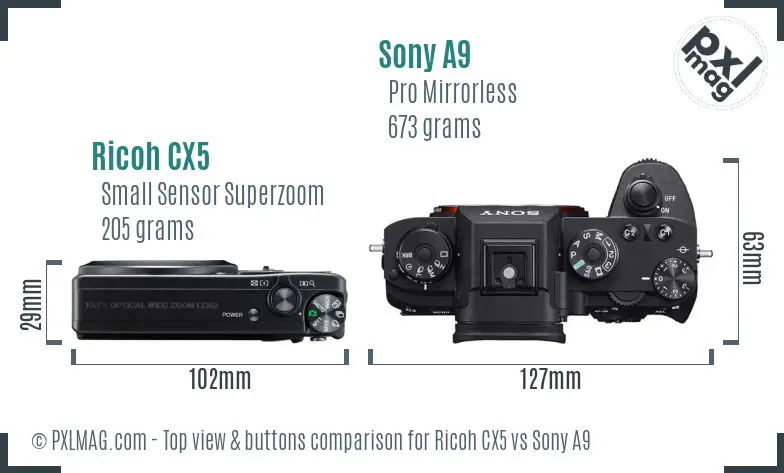 Ricoh CX5 vs Sony A9 top view buttons comparison