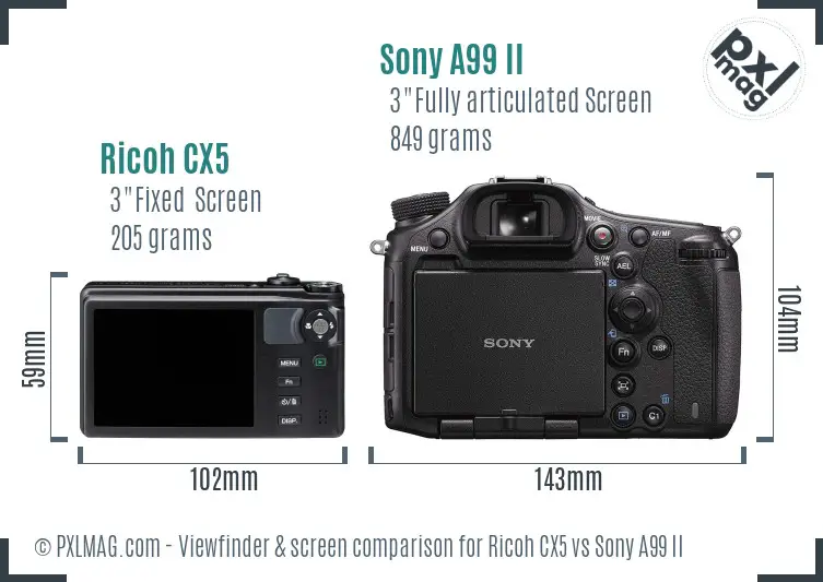 Ricoh CX5 vs Sony A99 II Screen and Viewfinder comparison