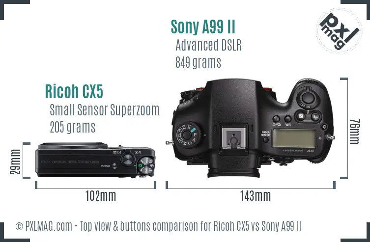 Ricoh CX5 vs Sony A99 II top view buttons comparison