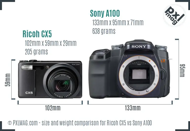 Ricoh CX5 vs Sony A100 size comparison