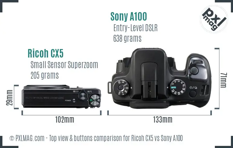 Ricoh CX5 vs Sony A100 top view buttons comparison