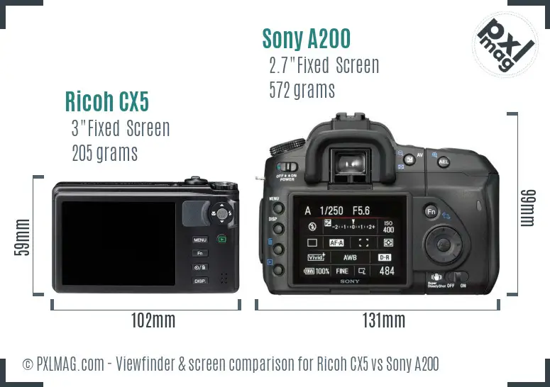 Ricoh CX5 vs Sony A200 Screen and Viewfinder comparison