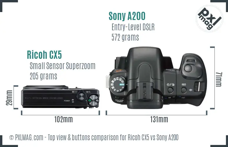 Ricoh CX5 vs Sony A200 top view buttons comparison