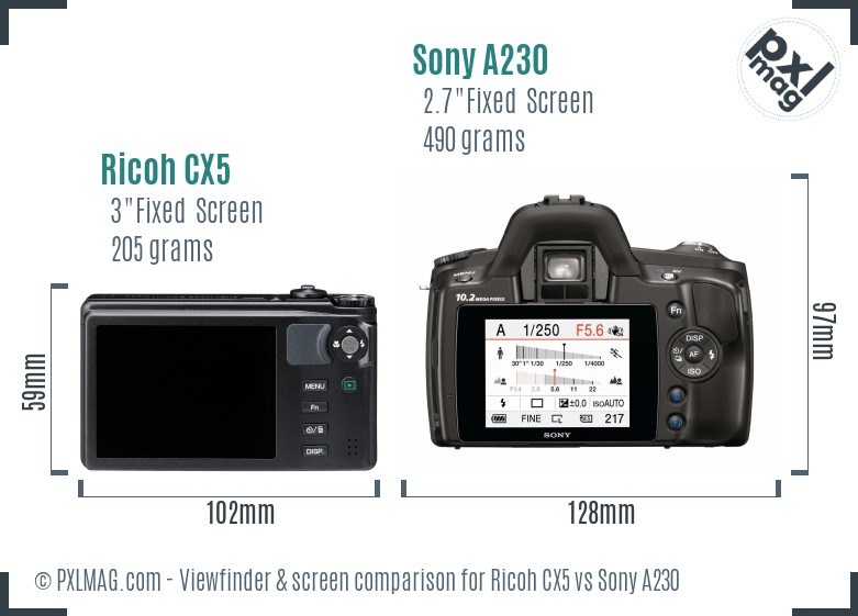 Ricoh CX5 vs Sony A230 Screen and Viewfinder comparison