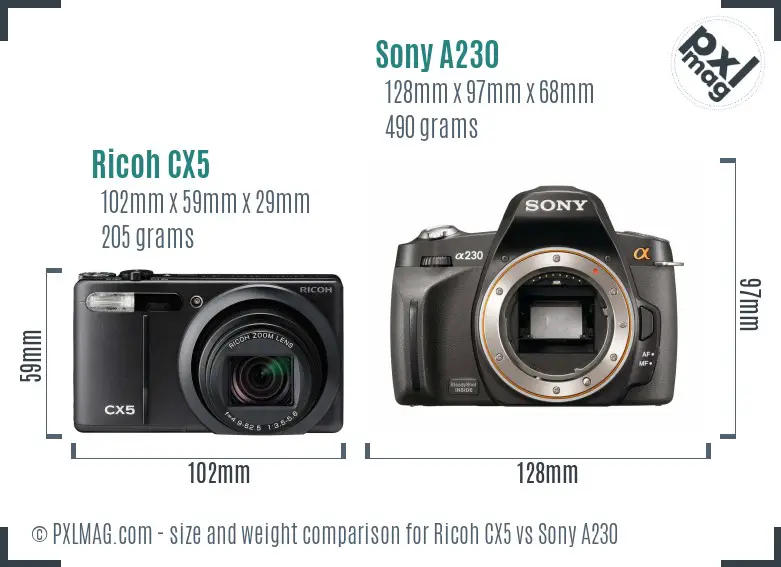 Ricoh CX5 vs Sony A230 size comparison